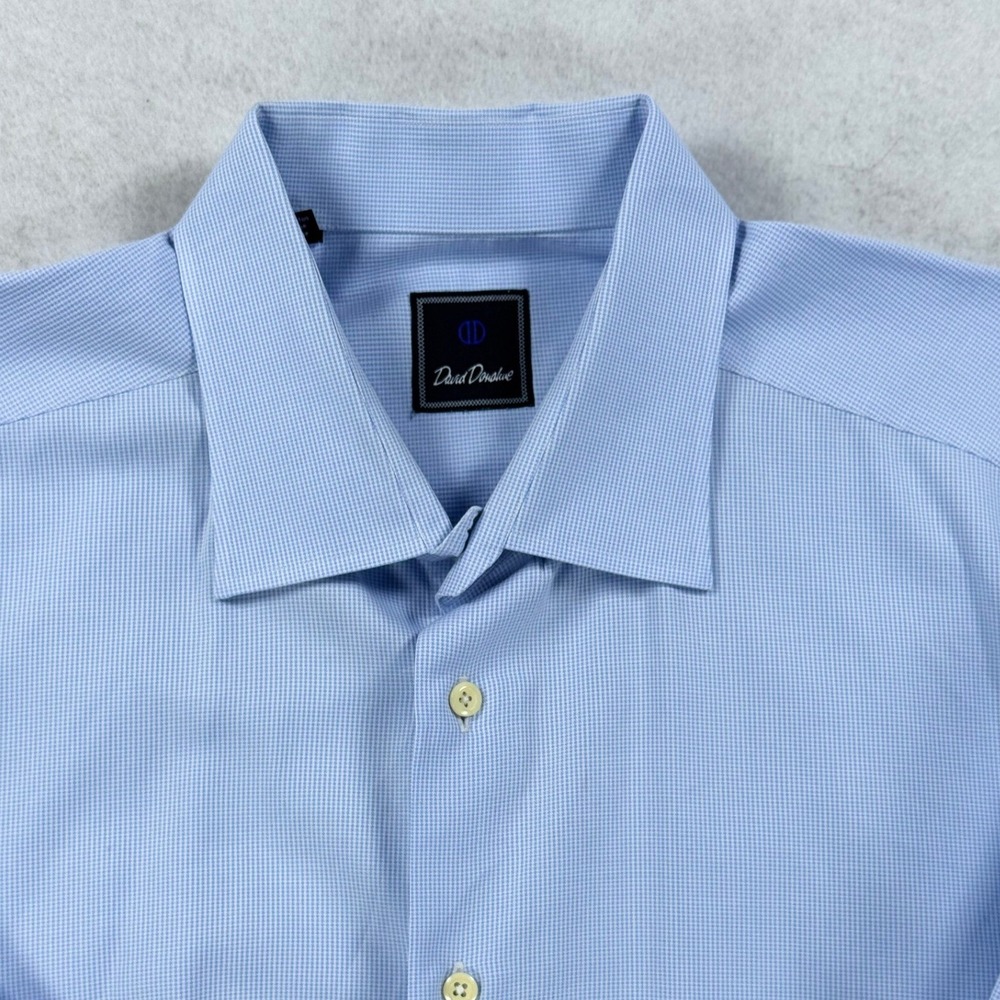 David Donahue Mens Light Blue Micro Houndstooth Cotton Dress Shirt 18 34/35